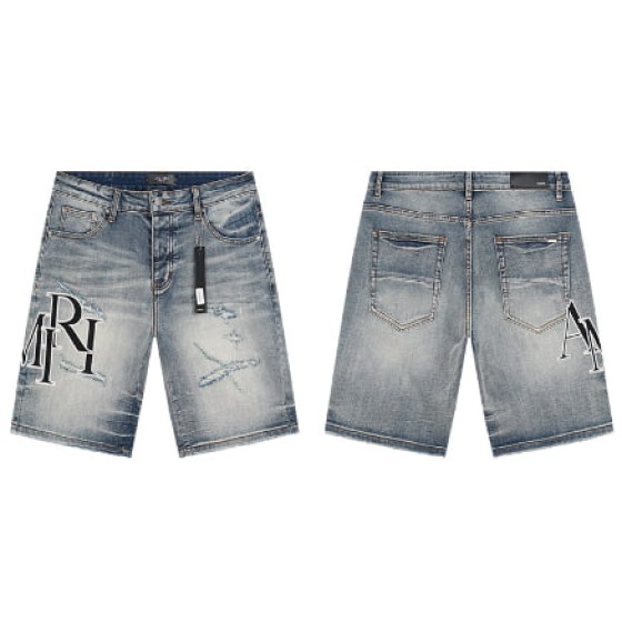 Light Blue Denim Shorts with Black AMIRI Logo